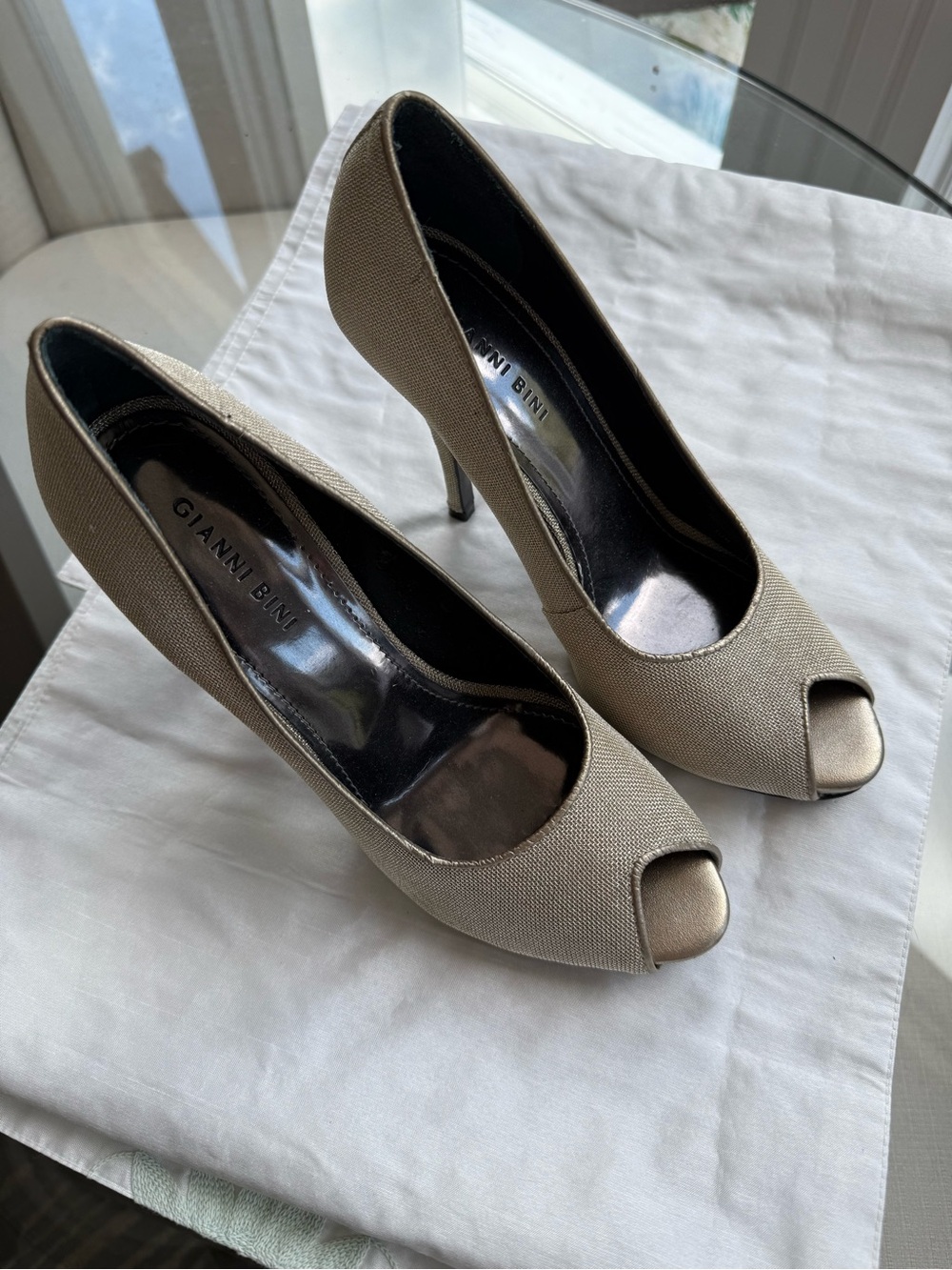 Gianni Bini Taupe Peep-Toe Fabric Mid-Heel Pumps